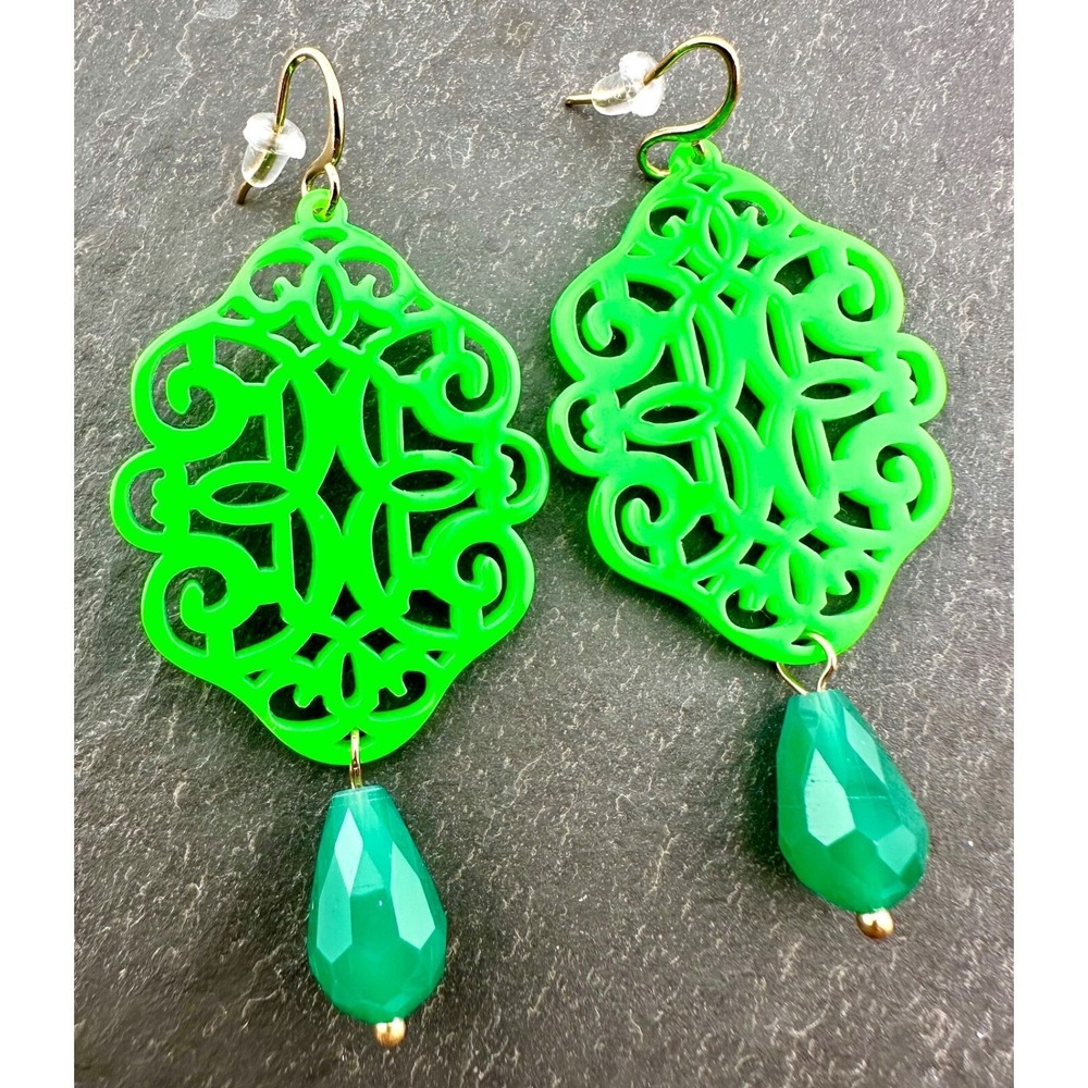 Acrylic Filigree Earrings Lime Green Faceted Teardrop Beads NEW